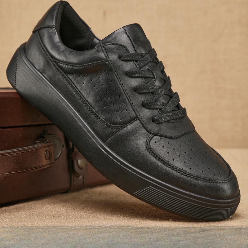 Trendy Leather Black Sneakers for Men's Casual Leather Shoes Height Increasing Thick Soled Small Black Shoes Low Top Casual Sneakers