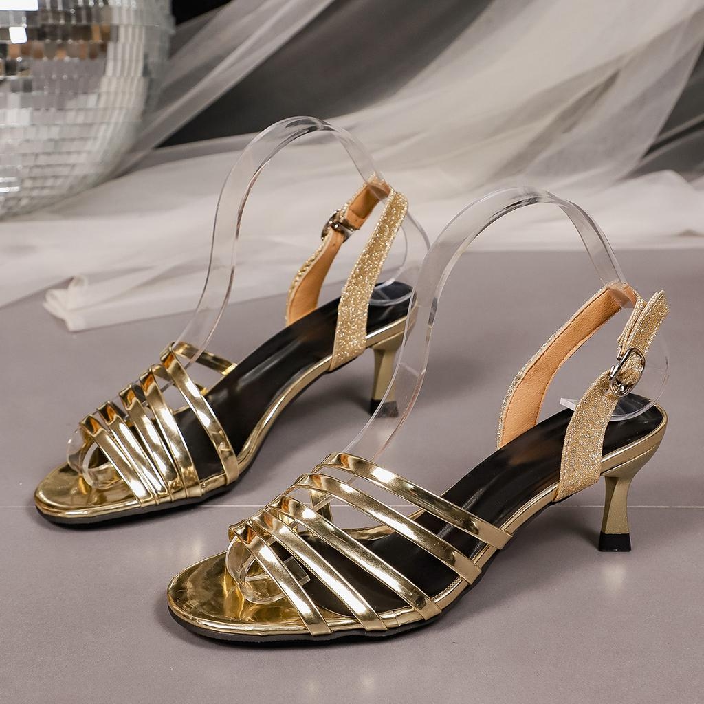 ins catwalk electroplated heel steel heel one-word buckle simple open-toed shoes sandals