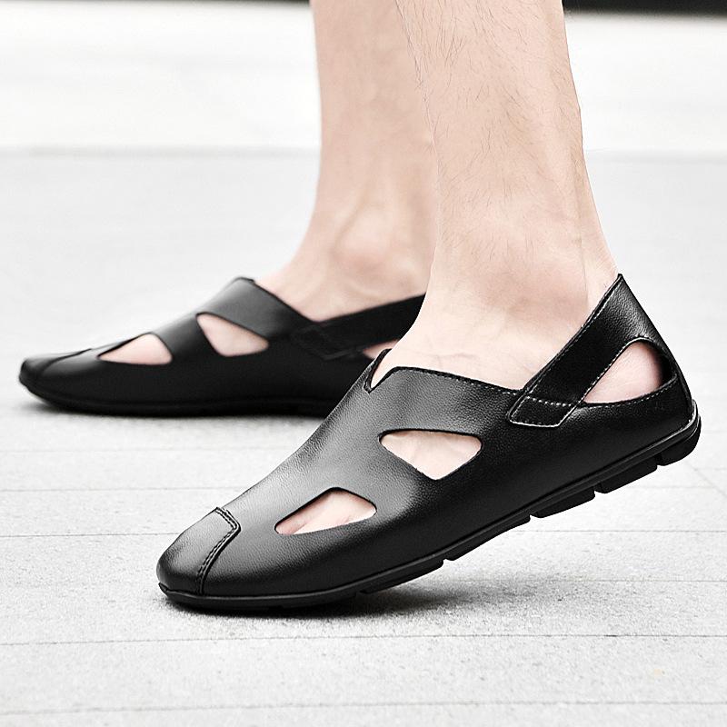 Summer Men's Hollow Shoes Casual and Comfortable Foot Sandals Soft-soled Breathable Men's Shoes, Baotou Cattle Two-layer Leather Men's Shoes