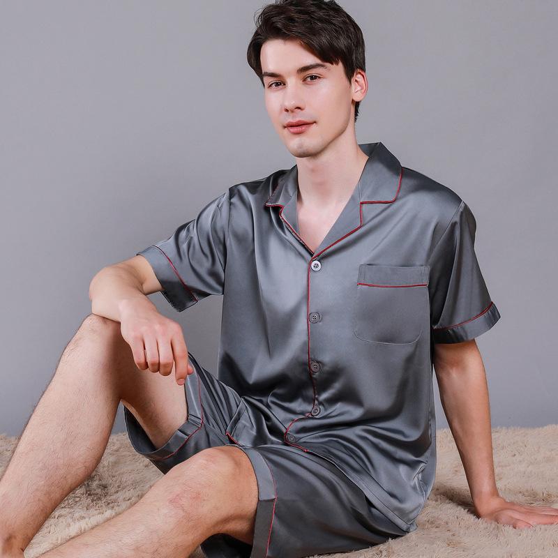 

Мужской пижамный комплект из шелка с коротким рукавом - Летний тонкий домашний костюм-двойка из ледяного шелка XXXL серый