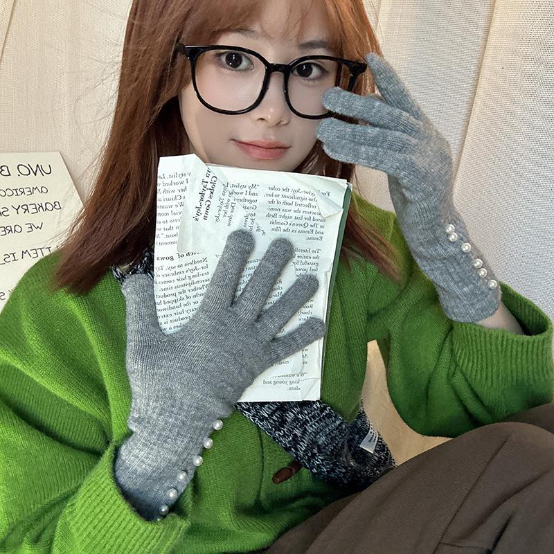 Korean Style Autumn/Winter Pearl Fingerless Touchscreen Wool Gloves for Women