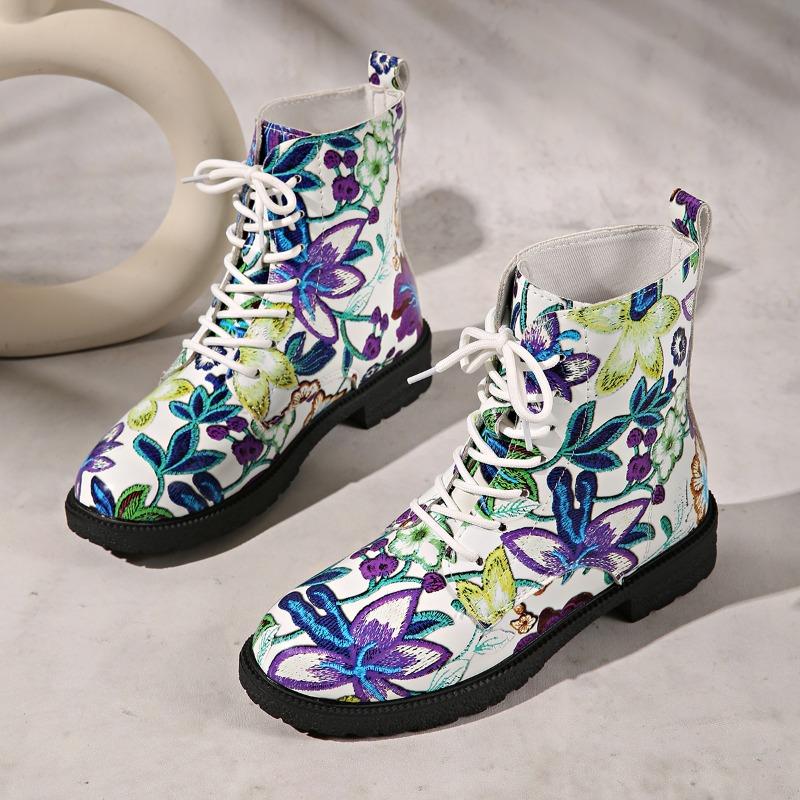 Fashion 2025 Plus Size Boots Women's Lace-up Booties Printed New European and American Fashion Platform British Short Cone