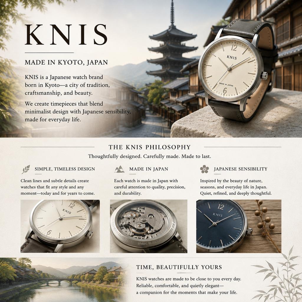 KNIS Kyoto Japan KN004-GDBRC Unisex Classic Rectangular Watch Quartz White Dial Roman Numerals Silver Brown Croc-Embossed Leather 3ATM Water Resistant