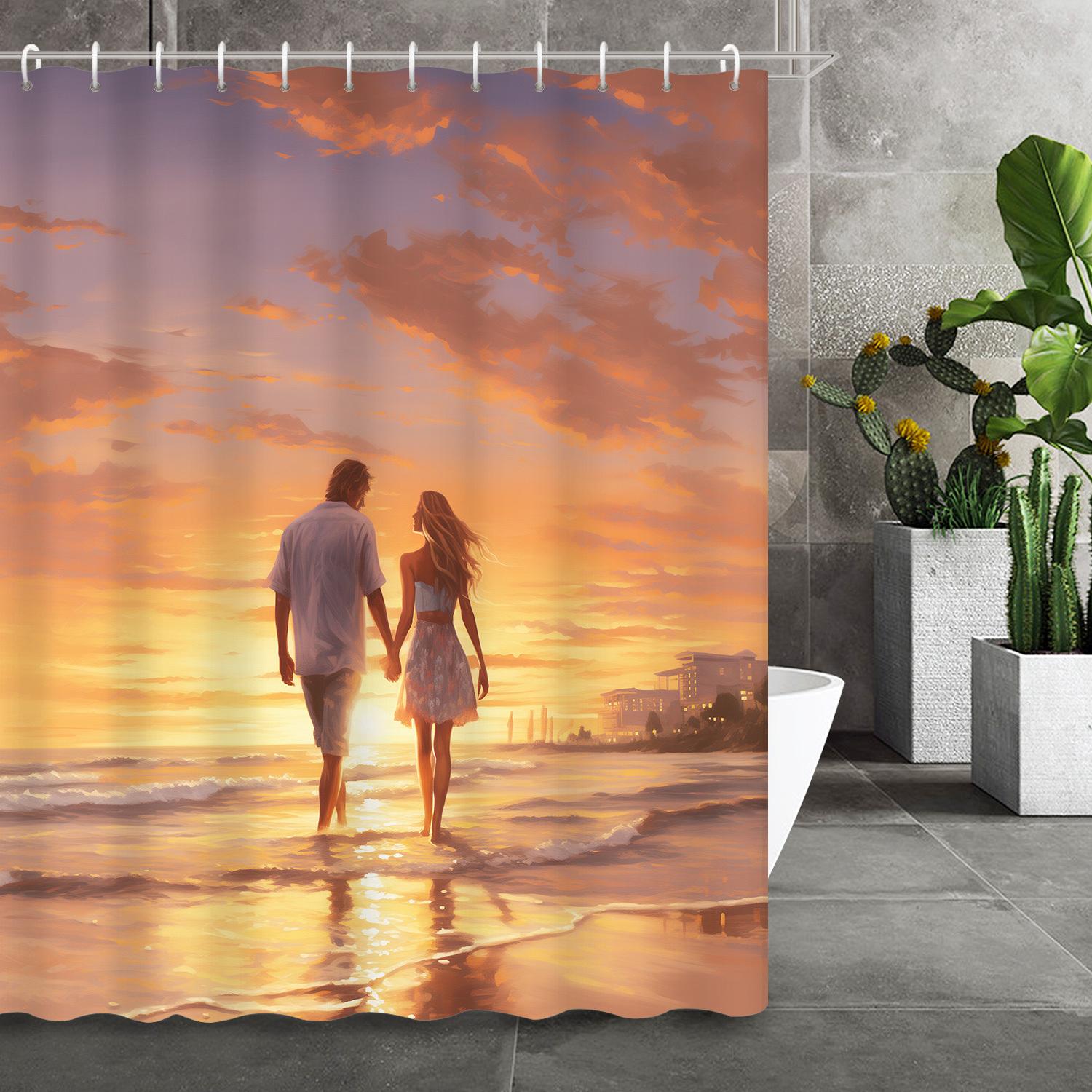 

Seaside Sunset Couple Walking Back Shower Curtain With 12 Hooks – Romantic Bathroom Decor & Partition Curtain W60H190(CM)-1 Pcs