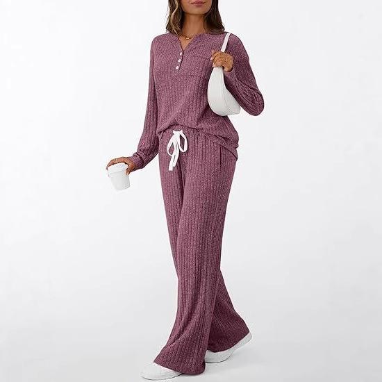

Women s Beige V-Neck Long Sleeve Knit Top and High Waist Wide Leg Pants Set XXXL бордовий