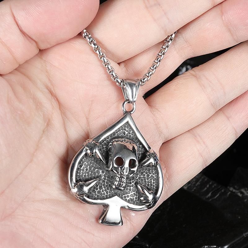 Titanium Steel Cast Poker Spades Men's Necklace Retro Hip-hop Titanium Steel Skull Pendant