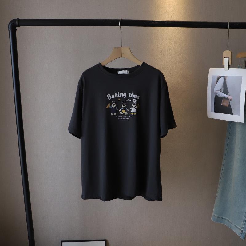 

Bi Zheng 2025 Летняя женская футболка в корейском стиле, свободная, с коротким рукавом, с мультяшным принтом One Size темно-серого