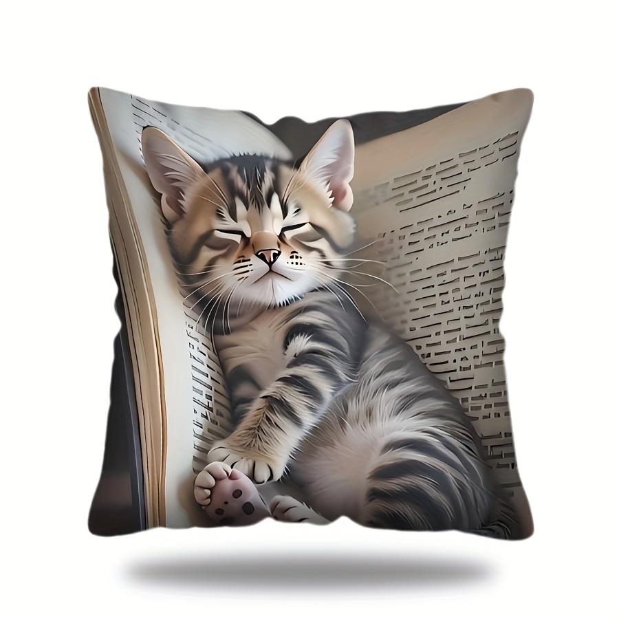 Contemporary Dozing Kitten Square Pillow Cover Cute Cat Sleeping on Open Book Pillowcase Decorative Cushion Case Home Decor