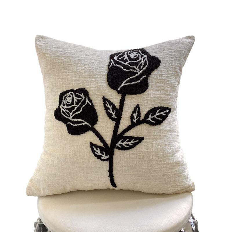Light Luxury Chenille Embroidered Rose Pattern Decorative Pillow Cushion Soft Sofa Backrest Cushion Cover for Bedroom Home Decor
