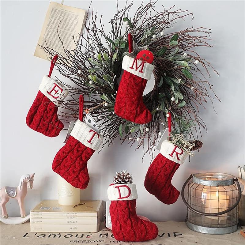 Christmas Stockings with Initials, 7.1 Inches Small Embroidered Letter Knit Red White Christmas Stocking, Holiday Stocking