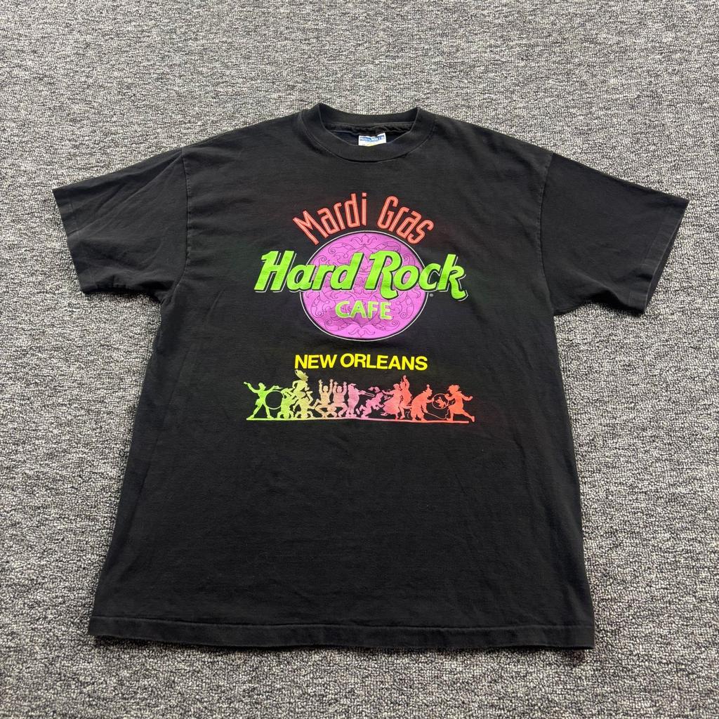Vintage 1990s Hard Rock Mardi Gras New Orleans Graphic Black T-Shirt Size Large Unisex T-Shirt