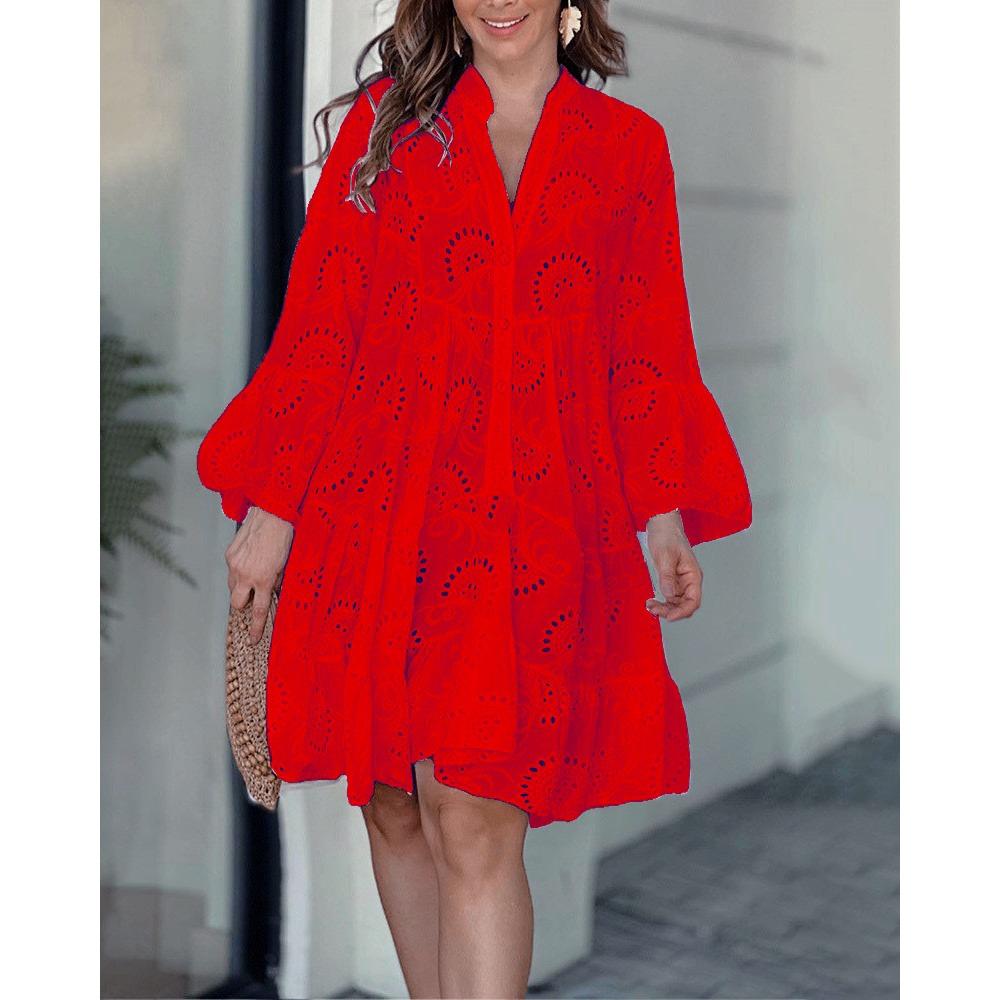 Solid-color V-neck Loose Embroidered Lace Flower Pure Cotton Dress for Summer and Autumn