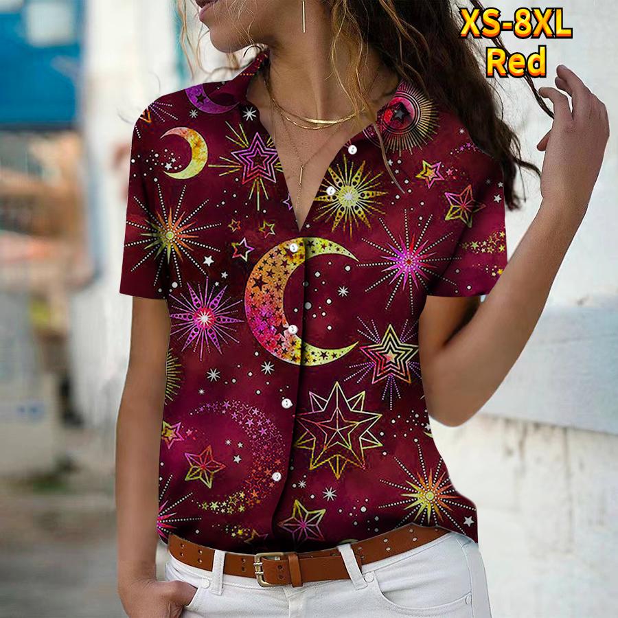 2025 Summer New Fashion Women's Star Printed Short Sleeve V-neck Casual Button-down Shirt Top