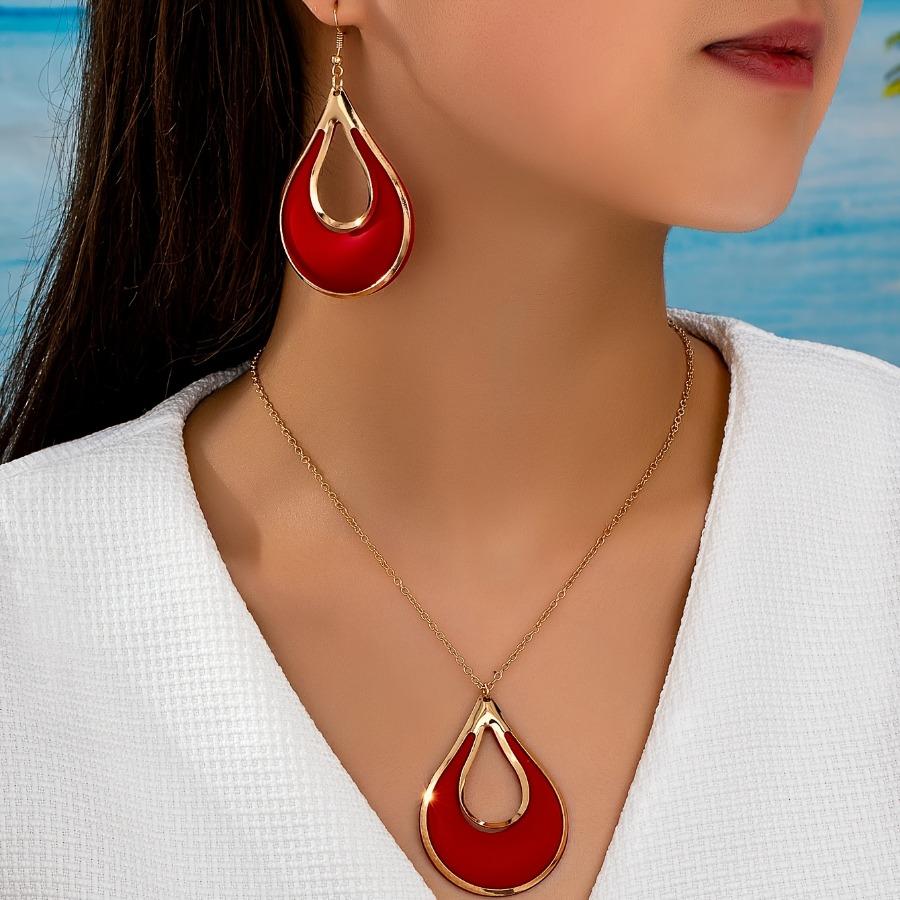 Fashion New 3pcs Earring and Necklace Set, Simple and Elegant Women's Creative Teardrop Metal Spray-Painted Earrings and Necklace Set