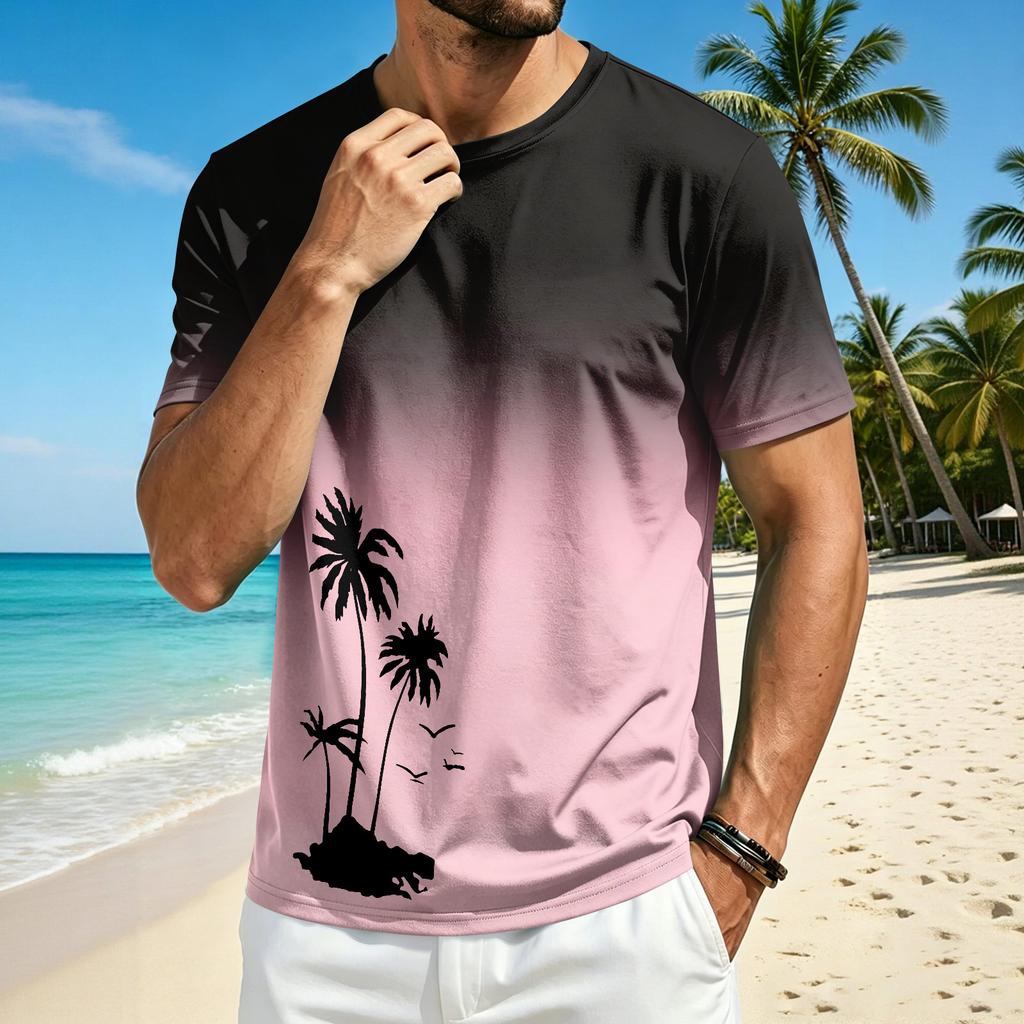 Men’s Summer Crew Neck Short Sleeve T Shirt with Hawaiian Print Casual Comfortable Fit Lightweight Top