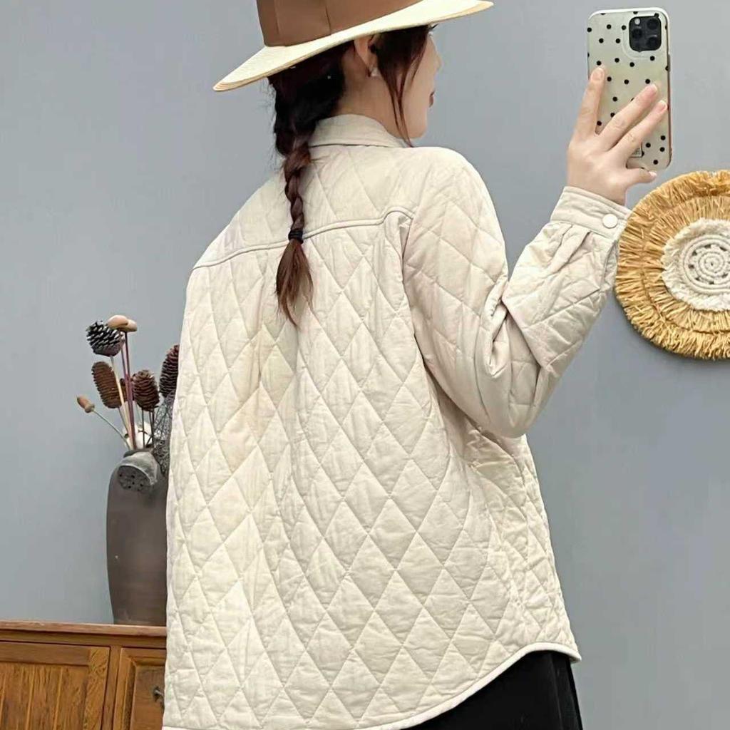 Women's Loose Fit Plaid Padded Cotton Jacket - Winter Diamond Pattern