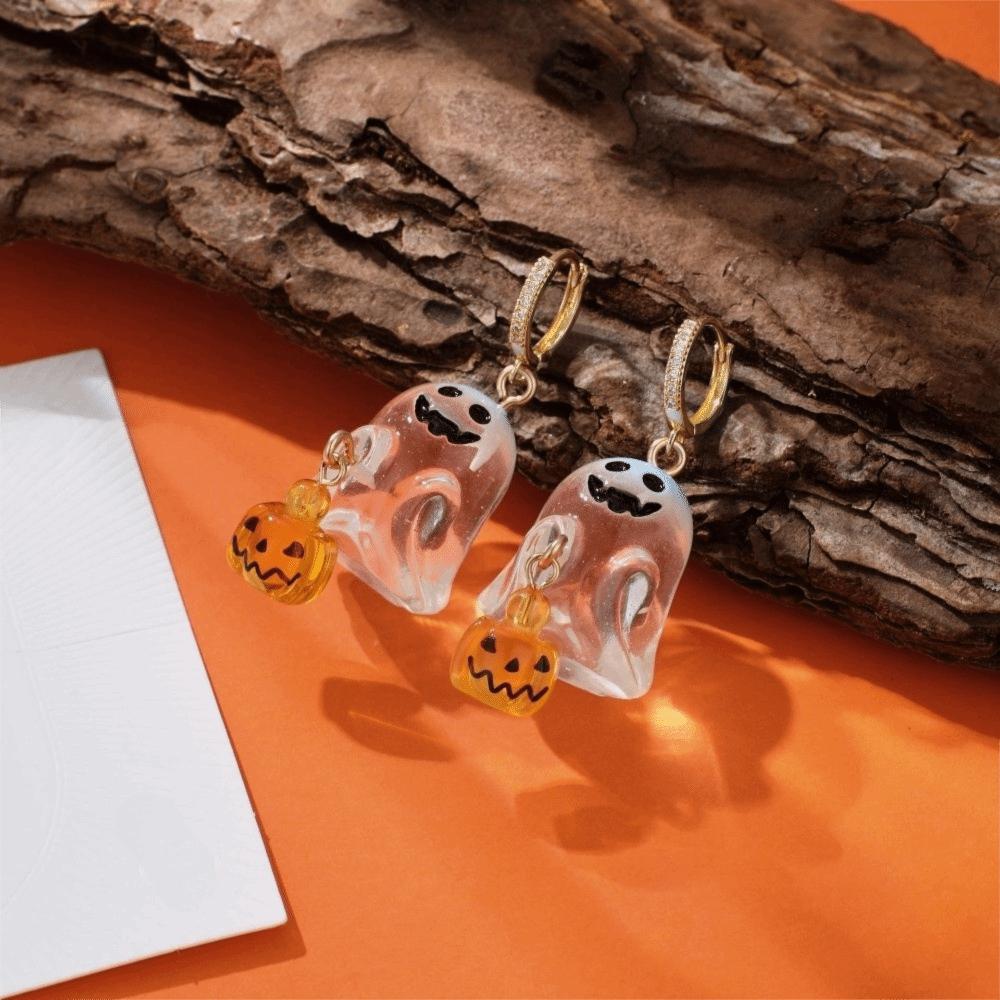 Rhinestone Halloween Earrings Resin Pumpkin Dangle Earrings Fashion Ghost Ear Studs  Party