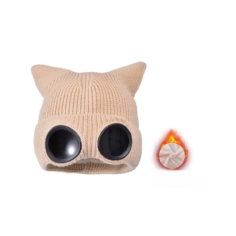 Little Devil Glasses Hat Knitted Mao Line Hat with Cat Ears Men Women Thickened for Warmth Ski Solid Color Ear Protection Windproof Pullover Hat