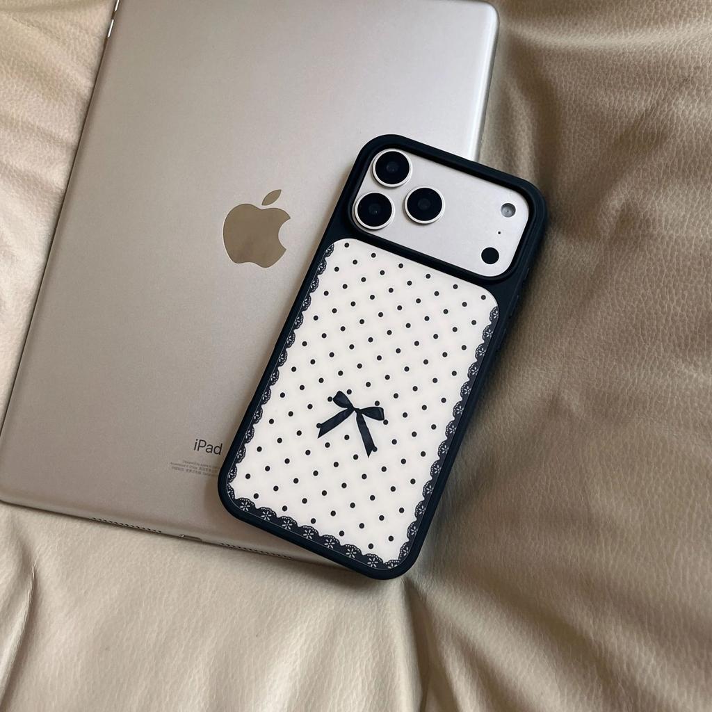 ins lace polka dot bow for Apple 16/17Promax mobile phone case IP15 matte PC14 niche 13