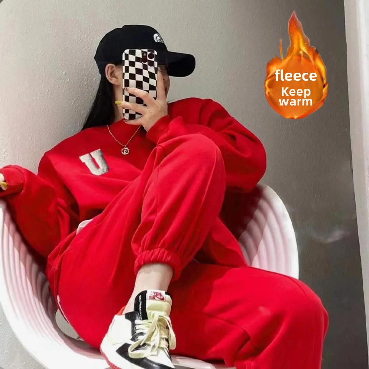 

Женский осенне-зимний новый стиль свободного кроя на флисовой подкладке, утолщенный повседневный модный спортивный костюм, толстовка, брюки, комплект в стиле Weed M чёрный