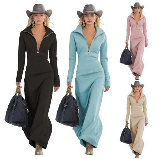 Sukienka-bluza dla kobiet, casualowa, z długim rękawem, z połowicznym zamkiem, tunika, długa sukienka, jesienna, dopasowana