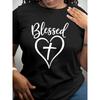 European Size Women's "Blessed" Printed Heart Short-sleeved Shirt,Machine Washable, Fashionable Style, Women's Clothing, Short-sleeved Top,  for Daily