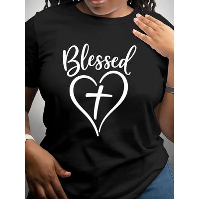 Maglietta da Donna a Maniche Corte con Stampa "Blessed" a Forma di Cuore, Lavabile in Lavatrice, Stile alla Moda, Abbigliamento da Donna, Top a Maniche Corte, per l'Uso Quotidiano
