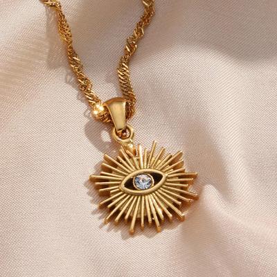 Devil's Eye Pendant Necklace Stainless Steel Chain Geometric Hollow Pendant Necklace with Diamond Eyes