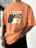 Cartoon Funny Cats Printed Men Washed Tee Shirt ONeck Cotton TShirts Casual Summer Clothes Vacation Beach Style Streetwear