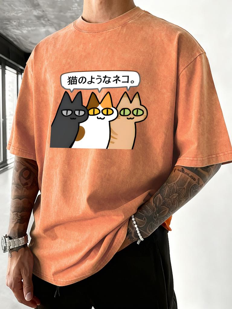 Cartoon Funny Cats Printed Men Washed Tee Shirt ONeck Cotton TShirts Casual Summer Clothes Vacation Beach Style Streetwear