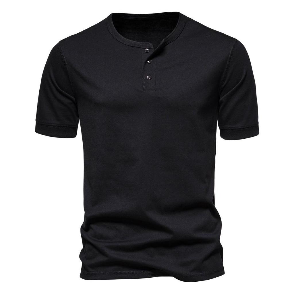 Men's Casual Short-Sleeve Henley T-Shirt: Solid Color, Loose Fit, Three-Button Collar