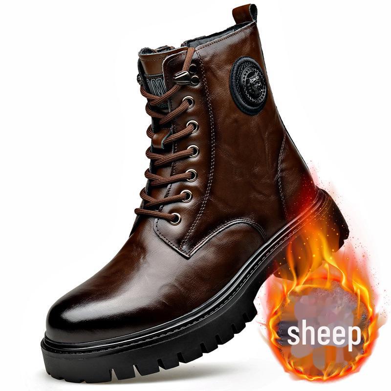 Men's Trendy Wool-Lined Cowhide High-Top Martin Boots with Side Zipper - Casual and Warm.