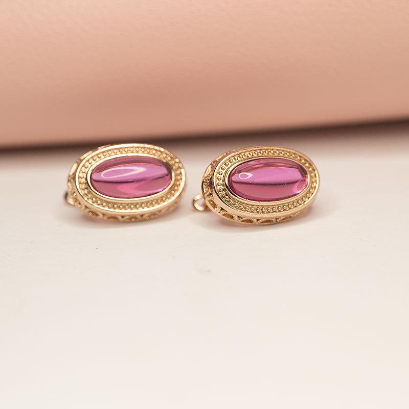 Exquisite Russian 585 Purple Gold Inlaid Oval Redstone Earrings Rose Gold Plated Luxury Foreign Exquisite Color Gold