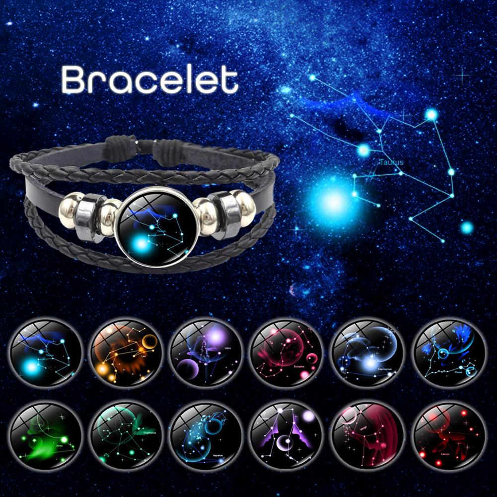 Punk 12 Constellation Bracelet Multilayer Leather Woven Handmade Night Light Star Bangle