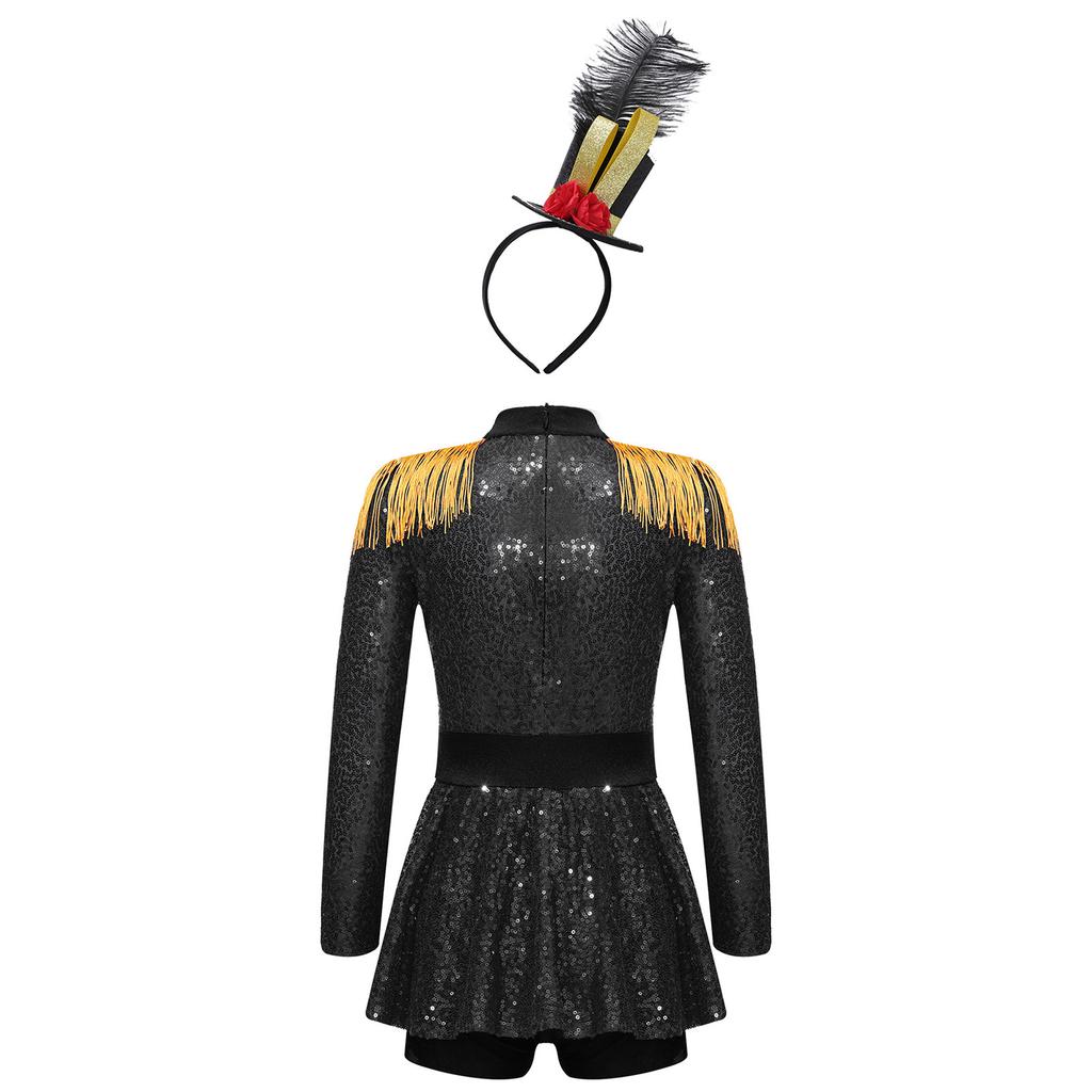 Kids Ringmaster Halloween Costume Set: Sparkling Sequin Bodysuit, Mini Top Hat & Feather Headband for Easy Dress Up & Role Play