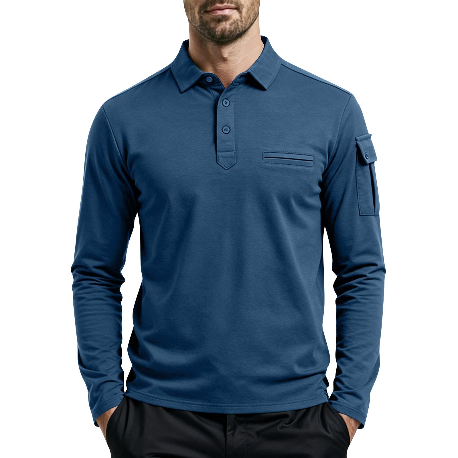 

Men s Color Long Sleeved Shirt With Arm Pockets Lapel And Single Breasted Button Closure XL тёмно-синий