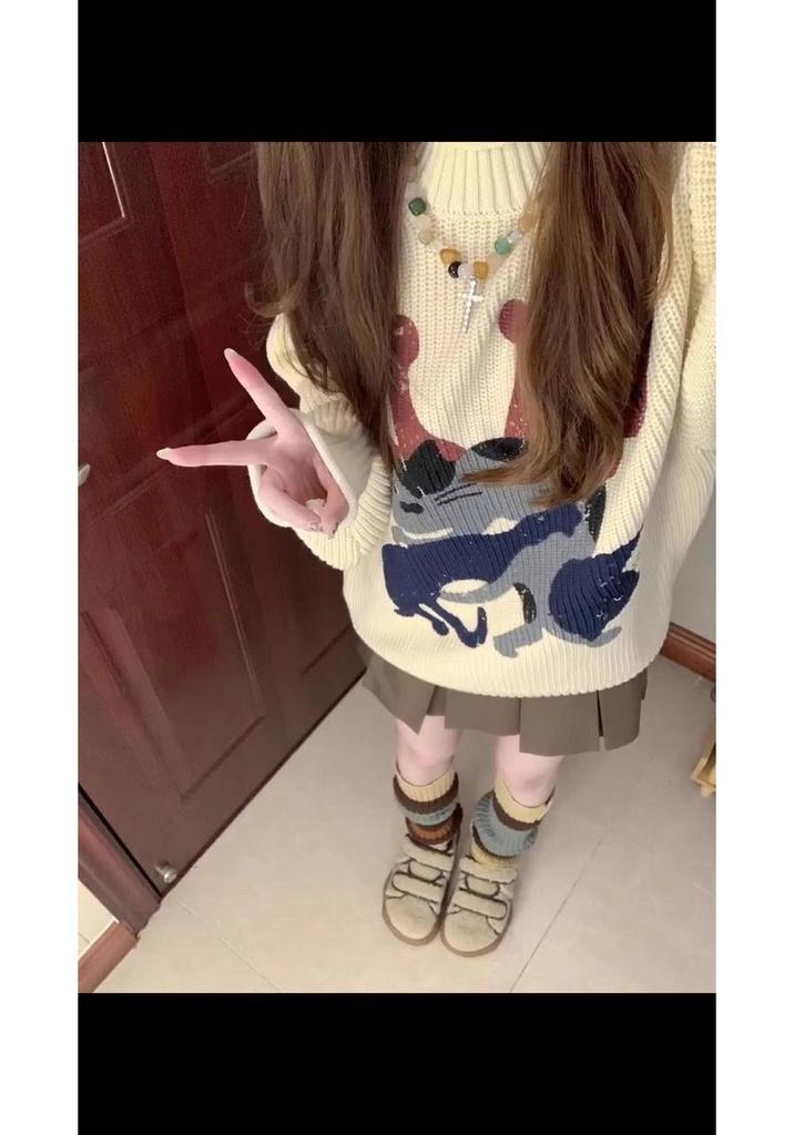 Damenpullover mit Katzenprint und Umschlagsaum - Herbst/Winter 2025 Amerikanischer Lässiger Stil, Rundhalsausschnitt, Lockerer Stricktop für Kleinwüchsige.