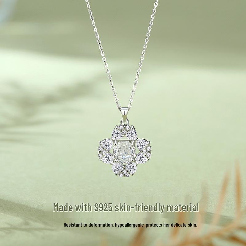 Tichiya S925 Sterling Silver Four-Leaf Clover Necklace with Rose Cut Cubic Zirconia Clavicle Chain 925 Sterling Silver