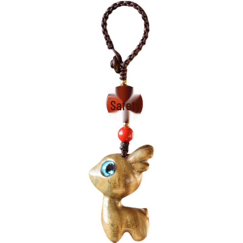 Cartoon Niedlicher Sandelholz Hirsch Schlüsselanhänger mit geflochtener Schnur für Männer und Frauen