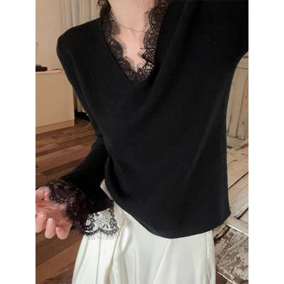 Light and Mature High-end Collar Lace Splicing Sweater Bottoming Shirt Women's Autumn and Winter Slim-fitting Age-reducing Exquisite Inner Top