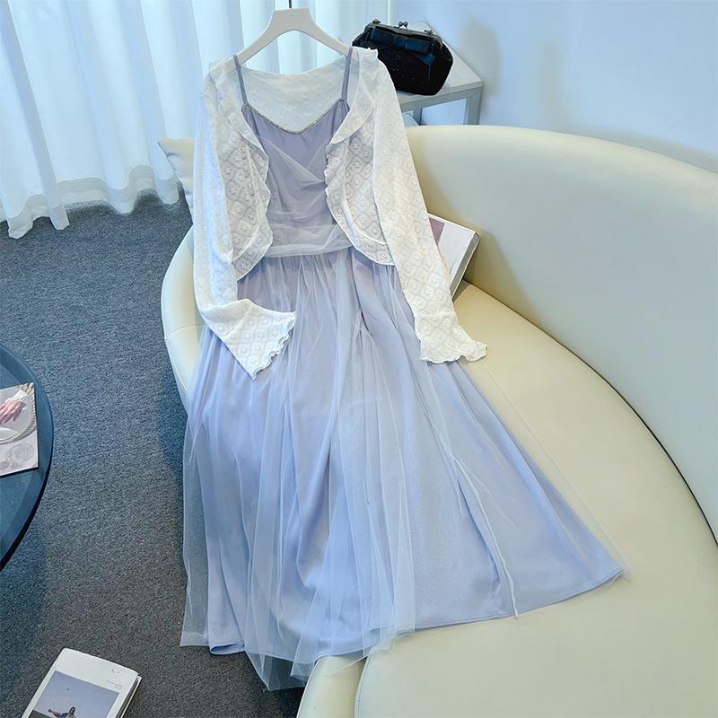 Plus-size Women's Dress with A Gentle Style, Halter Dress, Cardigan and Vest Set for Summer