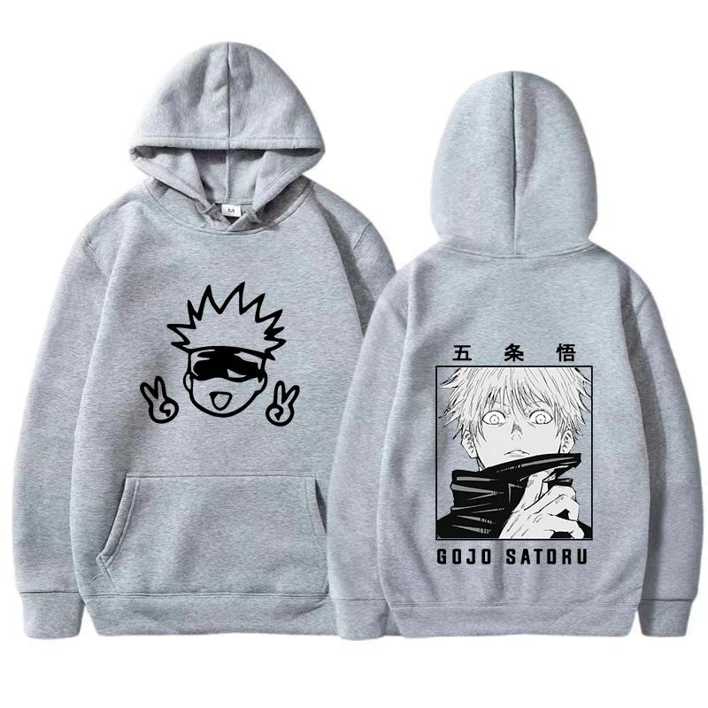 Женская одежда унисекс Флисовые толстовки с капюшоном Jujutsu Kaisen Hoodie Anime Gojou Satoru Print Hooded Pullovers Tops Loose Long Sleeves Harajuku L серый