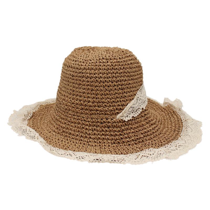 Large Brim Lace Straw Hat Women'S Sunshade Sunscreen Hat Foldable Windbreak Rope Light Casual Elegant Hat