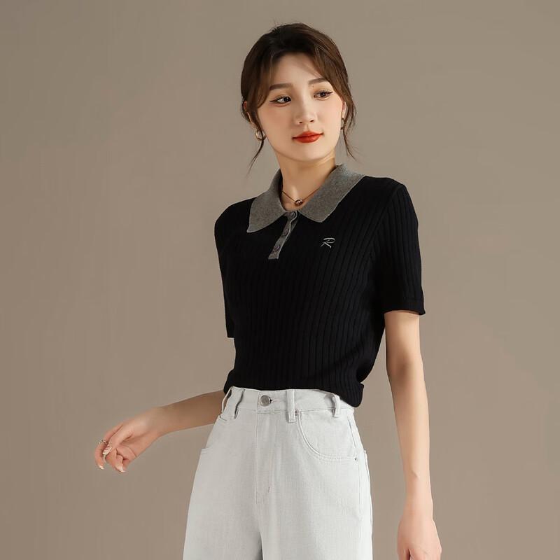 RAIN.CUN Women's Academy Style Color-block Knit Polo Shirt