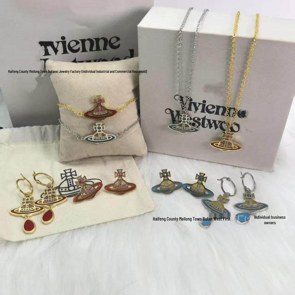 Concetta Cixi Glass Saturn Set: Necklace, Bracelet, Stud Earrings - Women's Luxurious Punk Clavicle Chain