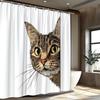 Tabby Cat Shower Curtain - Realistic Detailed Style With Brown, Black, Beige Cat & Green Eyes, Pink Nose, White Panel