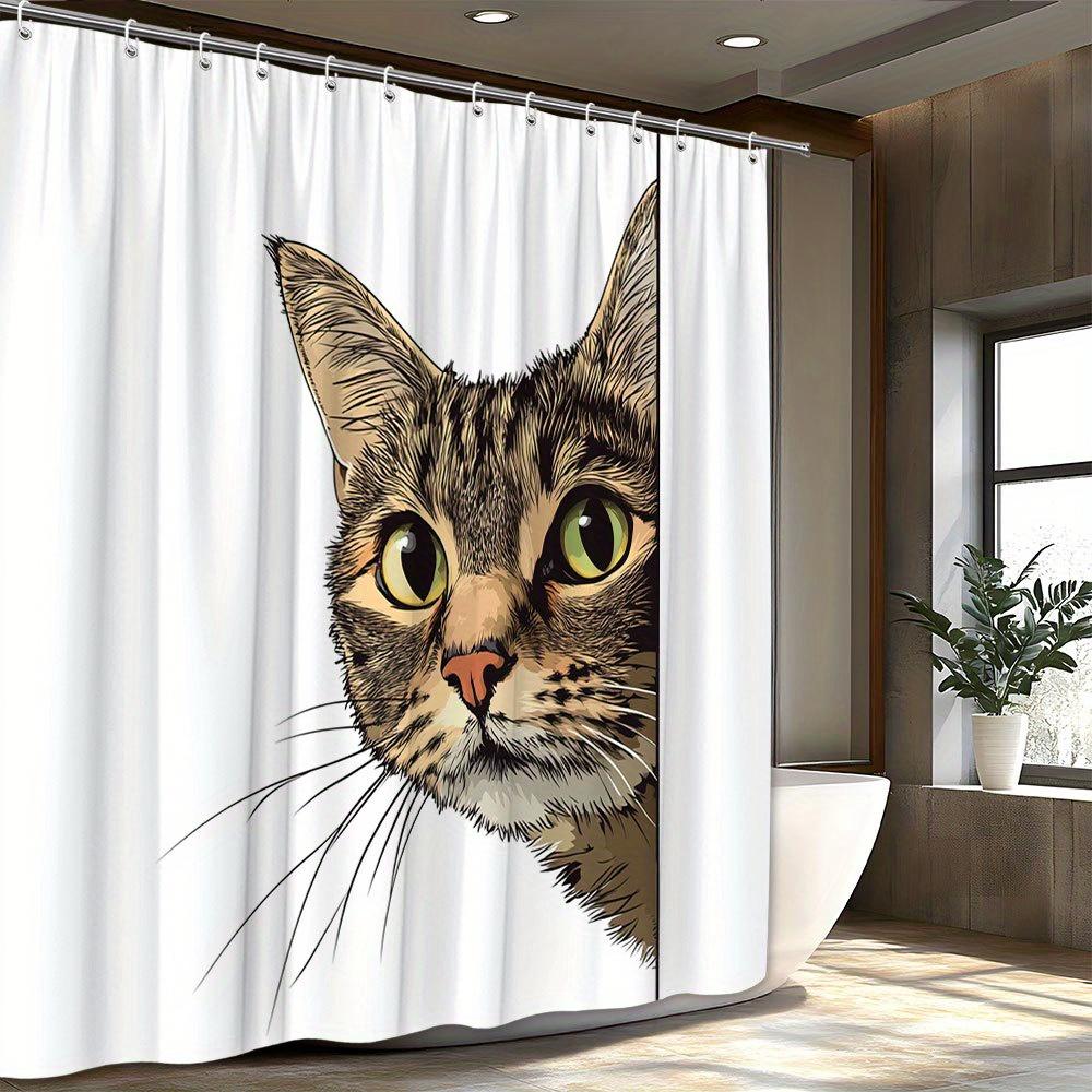 Tabby Cat Shower Curtain - Realistic Detailed Style With Brown, Black, Beige Cat & Green Eyes, Pink Nose, White Panel
