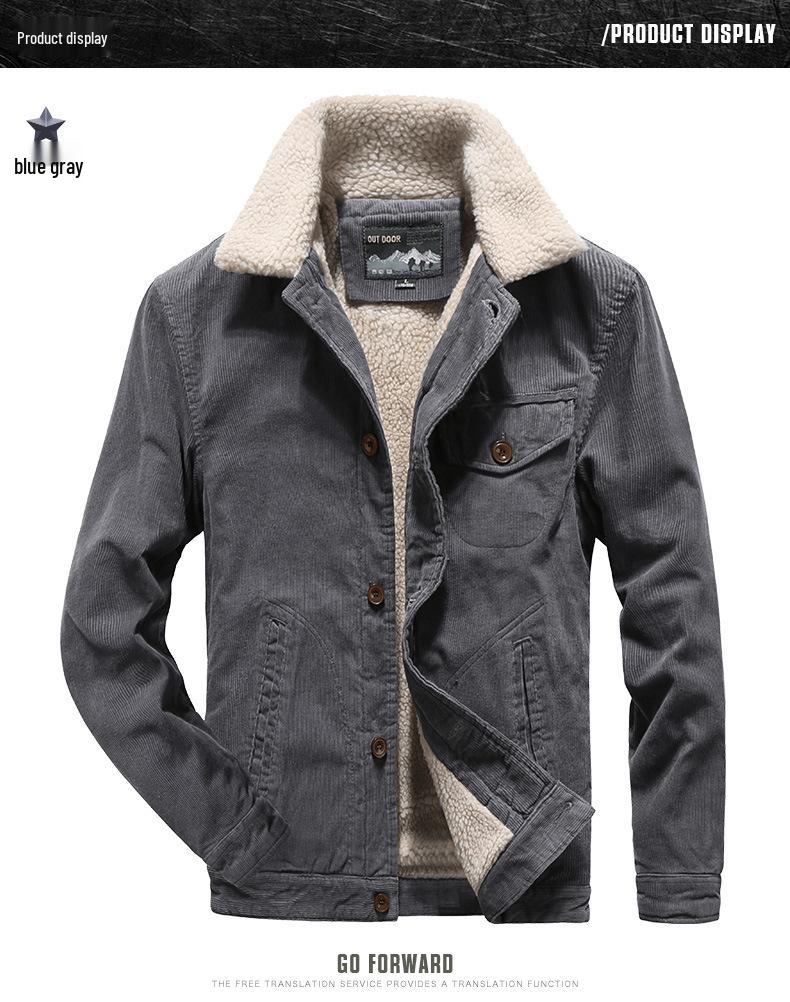 Men's Warm Corduroy Workwear Jacket, Plus Velvet Thickened, Winter Dad's Coat
