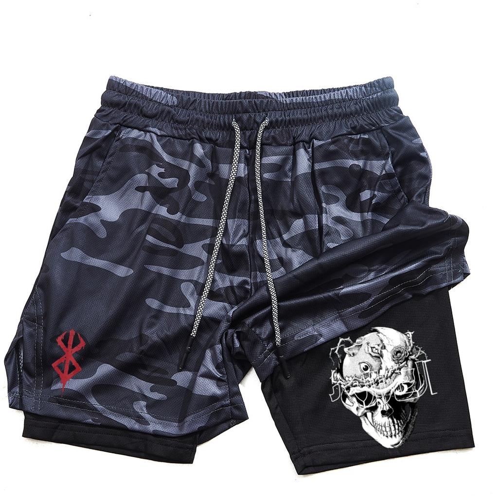 Pantalones cortos de gimnasio para hombre, ropa deportiva 2 en 1 de Anime para correr, trotar, entrenamiento, Yoga, baloncesto