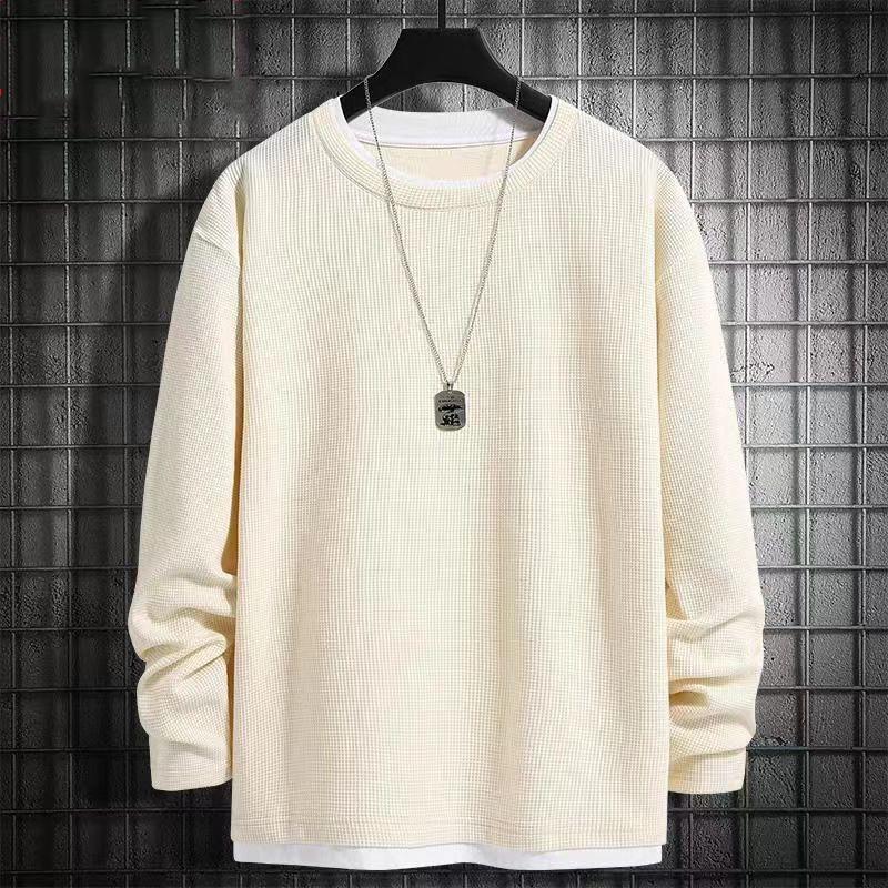 Loose Round Neck Inner Bottoming Shirt Trendy Men'S Waffle Fake Two Long-Sleeved T-Shirt Autumn And Winter Sweater